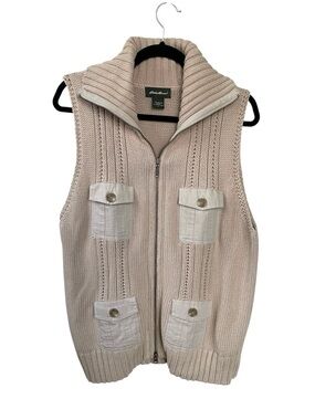 Eddie Bauer Beige Knit Zip Front Sleeveless Cardigan L
